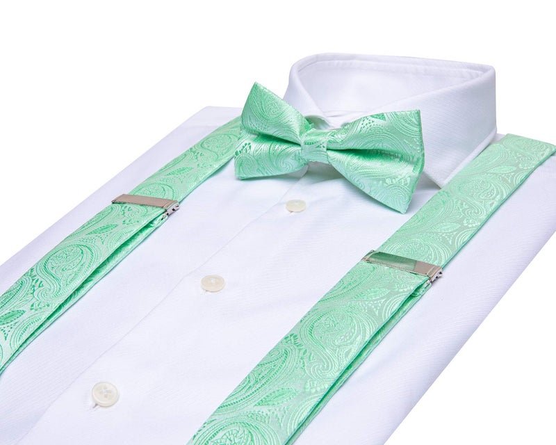 Dubulle Mens Clips Suspenders and Pretied Bowtie Set Y Shape Adjustable Paisley Checks Braces Pocket Square,Mint Green - Image 3
